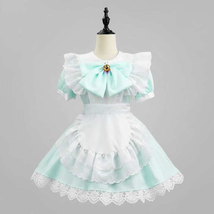 Halloween Maid Cosplay Costume Outfit French Dress with White Ruffled Apron and Lace Trim