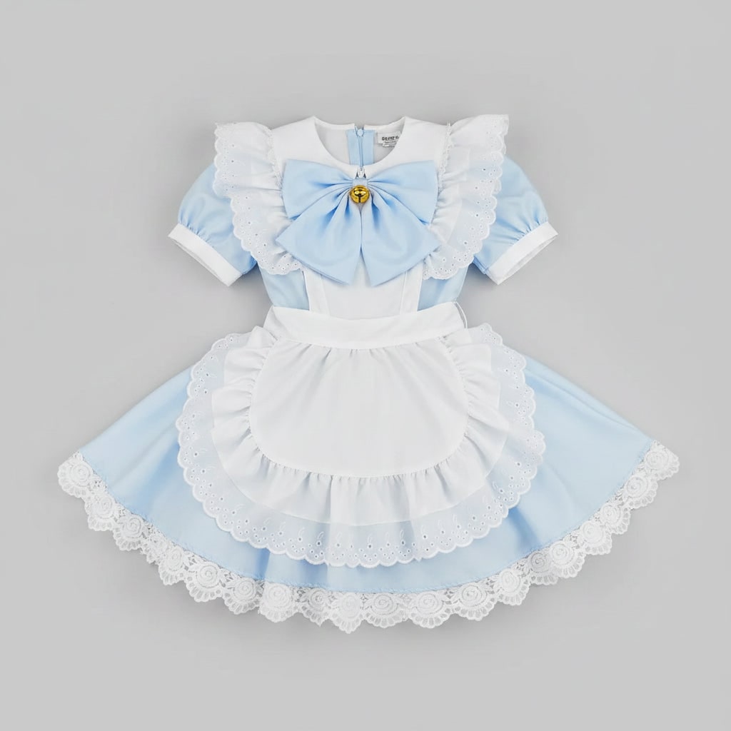 Halloween Maid Cosplay Costume Outfit French Dress with White Ruffled Apron and Lace Trim