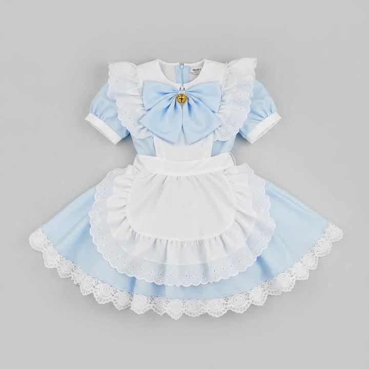 Halloween Maid Cosplay Costume Outfit French Dress with White Ruffled Apron and Lace Trim