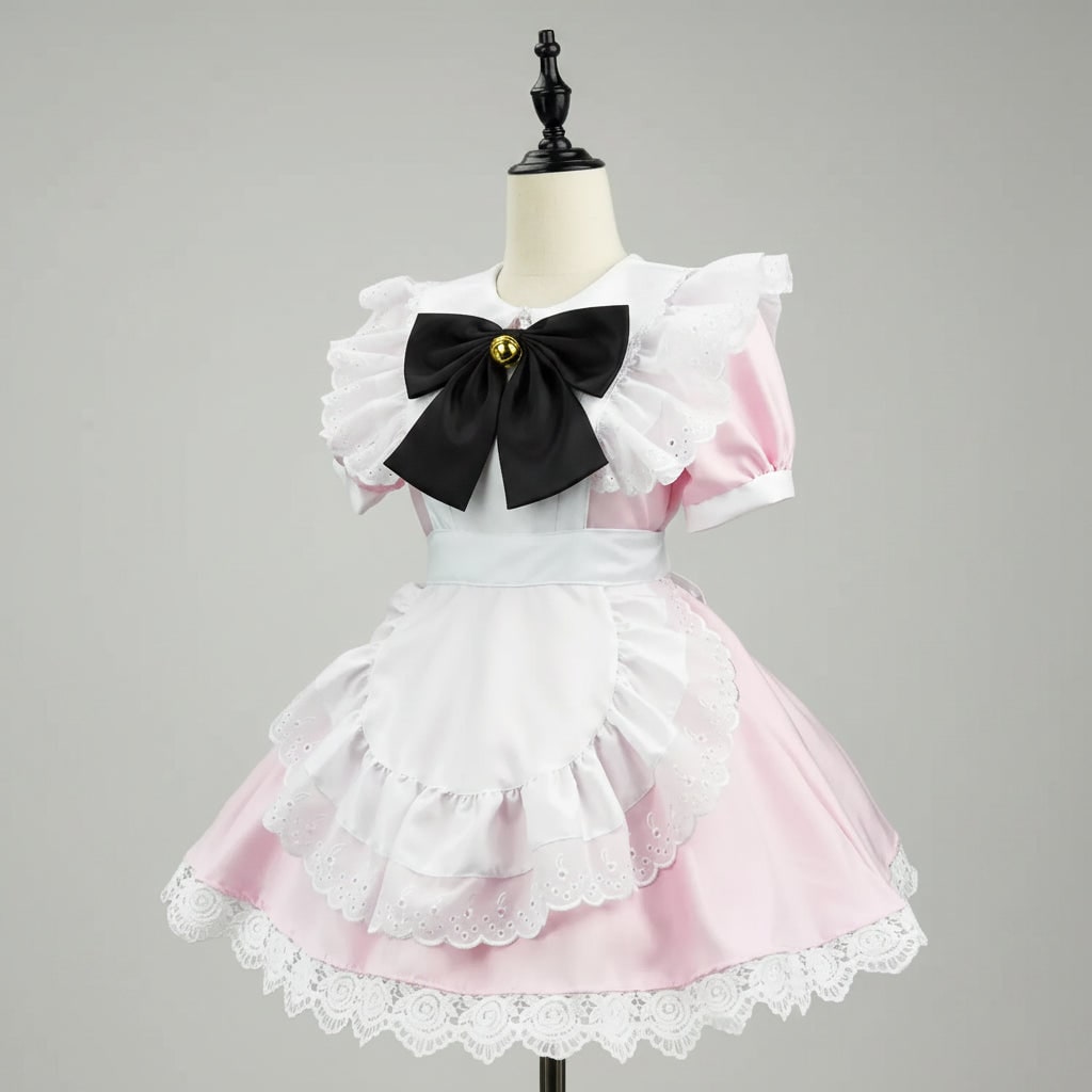 Halloween Maid Cosplay Costume Outfit French Dress with White Ruffled Apron and Lace Trim