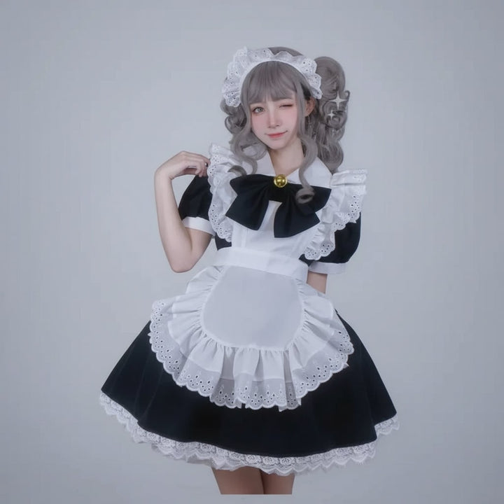 Halloween Maid Cosplay Costume Outfit French Dress with White Ruffled Apron and Lace Trim