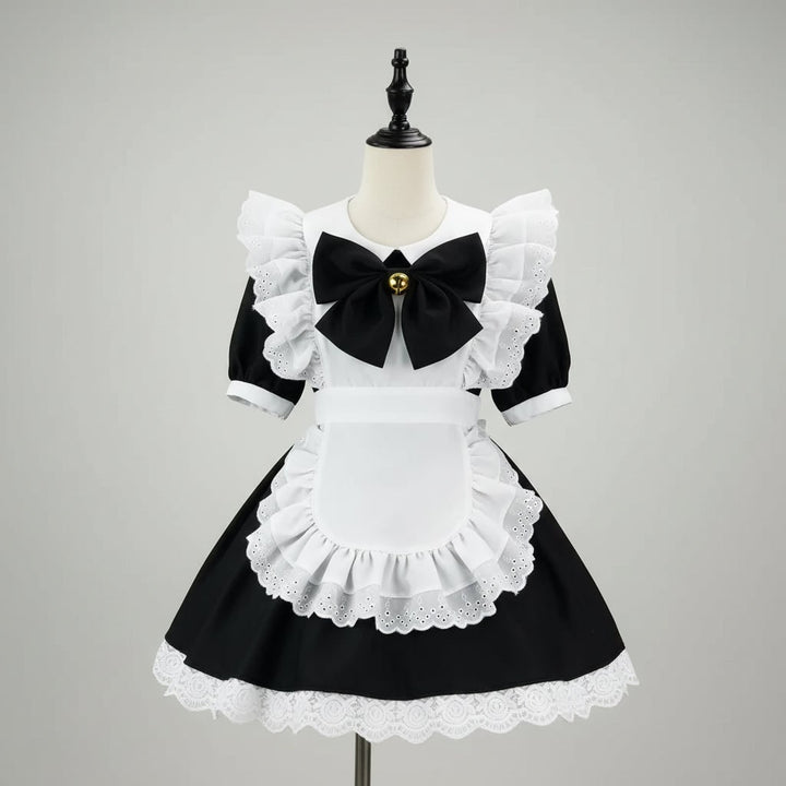Halloween Maid Cosplay Costume Outfit French Dress with White Ruffled Apron and Lace Trim