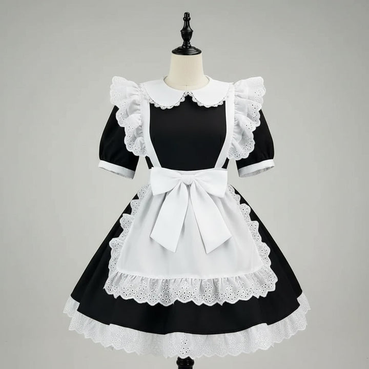 Halloween Maid Cosplay Costume Outfit French Dress with White Ruffled Apron and Lace Trim