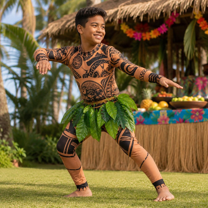 Halloween Maui Costume Tattoo Bodysuit with Leaf Skirt and Braided Belt