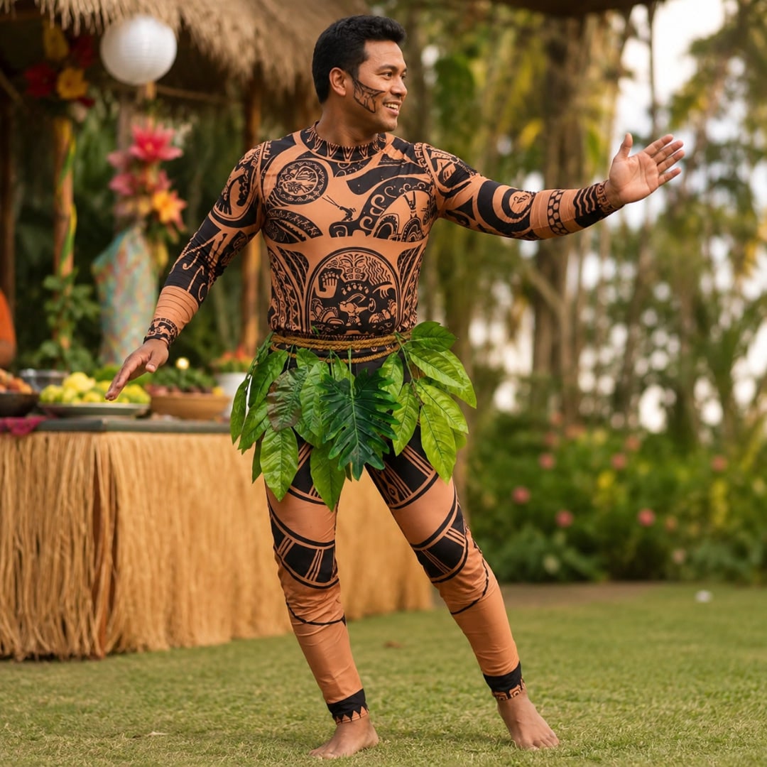 Halloween Maui Costume Tattoo Bodysuit with Leaf Skirt and Braided Belt