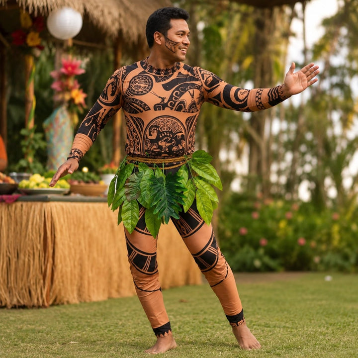 Halloween Maui Costume Tattoo Bodysuit with Leaf Skirt and Braided Belt