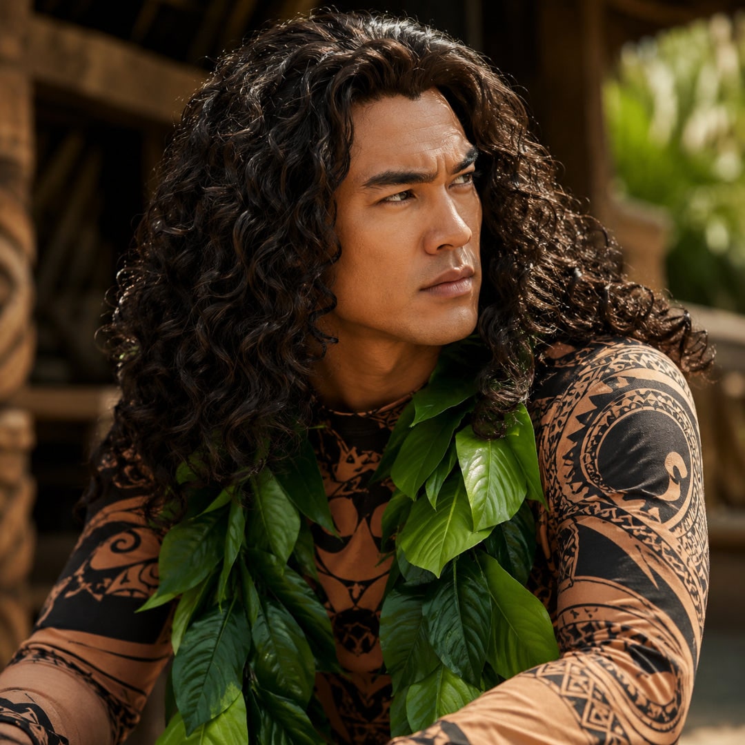 Halloween Maui Costume Tattoo Bodysuit with Leaf Skirt and Braided Belt