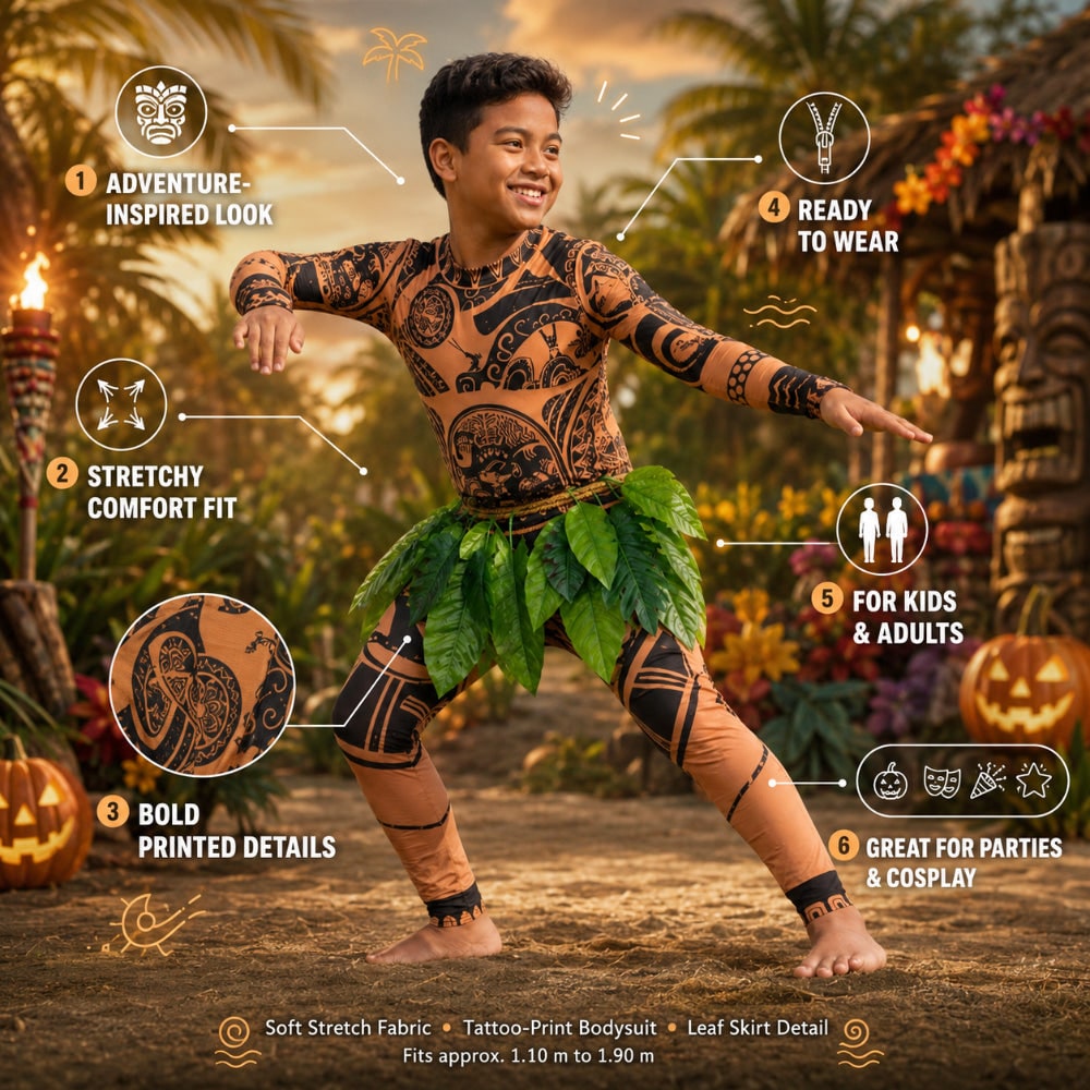 Halloween Maui Costume Tattoo Bodysuit with Leaf Skirt and Braided Belt