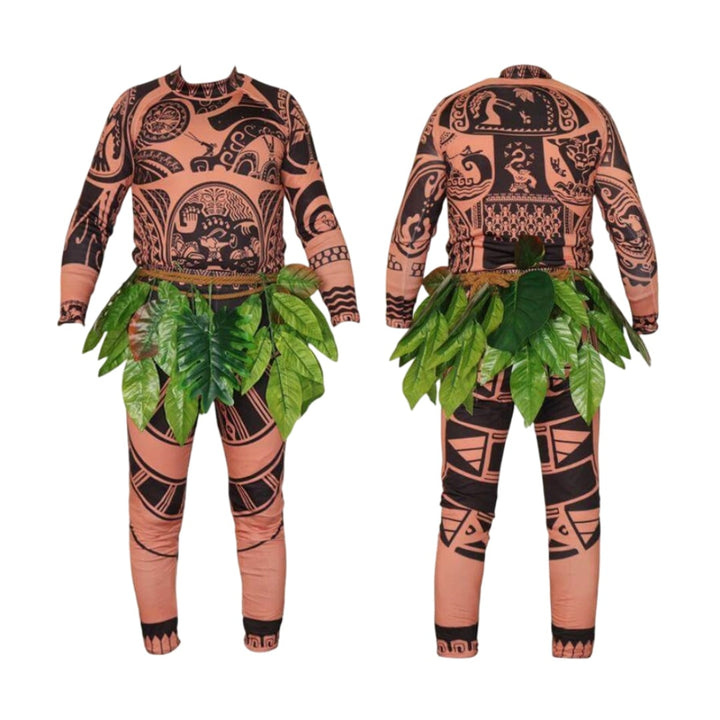 Halloween Maui Costume Tattoo Bodysuit with Leaf Skirt and Braided Belt