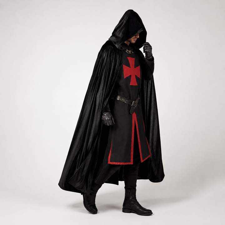 Halloween Medieval Knight Costume with Tunic and Hooded Cape for Cosplay Party