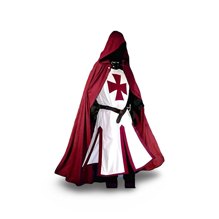 Halloween Medieval Knight Costume with Tunic and Hooded Cape for Cosplay Party