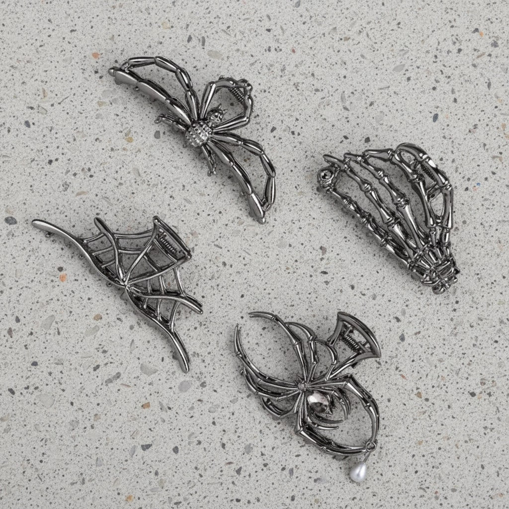 Halloween Metal Hair Claw Clips with Spider Bat Skeleton and Spiderweb Designs for Party