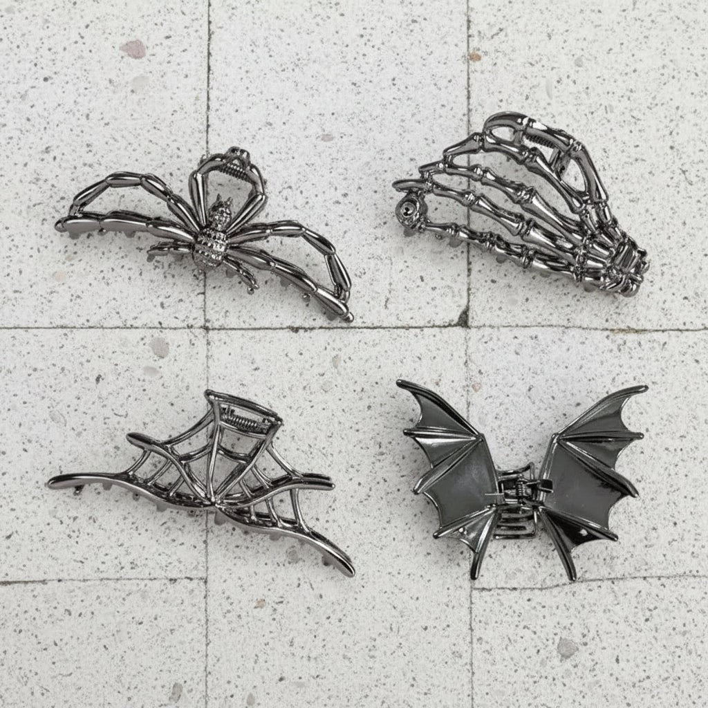 Halloween Metal Hair Claw Clips with Spider Bat Skeleton and Spiderweb Designs for Party