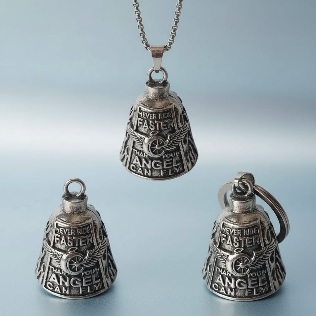 Halloween Motorcycle Guardian Bell Biker Bike Charm with Antique Silver Plated Pendant and Chain