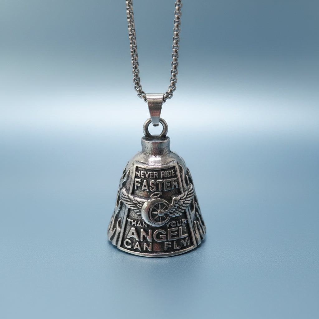Halloween Motorcycle Guardian Bell Biker Bike Charm with Antique Silver Plated Pendant and Chain