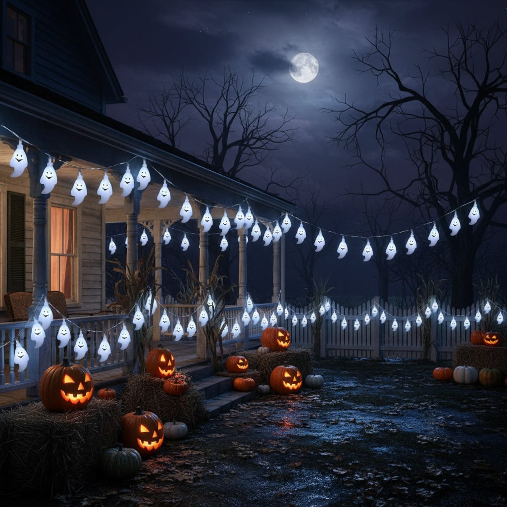 Halloween Outdoor Ghost String Lights with Battery Operated LED for Patio and Backyard Decoration