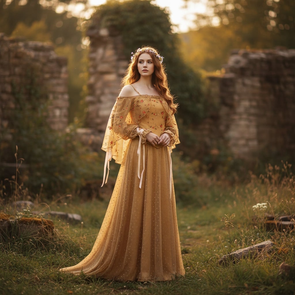 Halloween Plus Size Medieval Dress Costume with Embroidered Bodice and Off-Shoulder Neckline