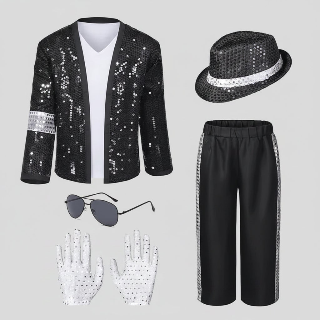 Halloween Pop Star and Rock Costume with Sequin Jacket Fedora Hat Wig