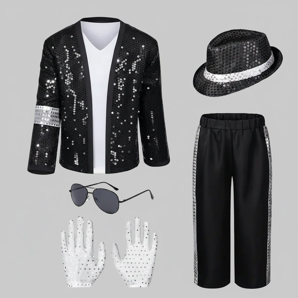 Halloween Pop Star and Rock Costume with Sequin Jacket Fedora Hat Wig