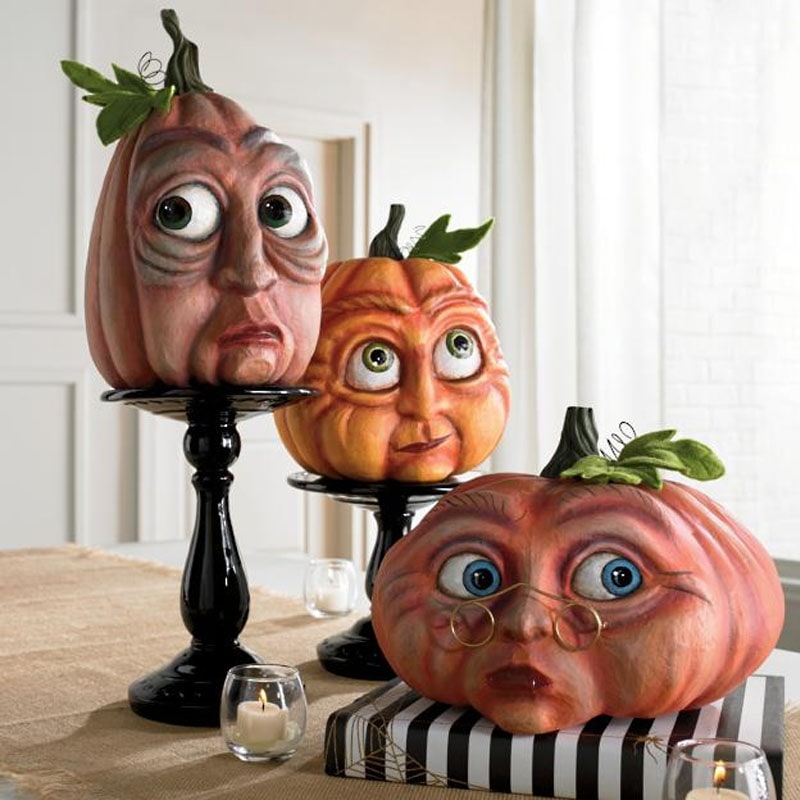 Halloween Pumpkin Decorations with Expressive Resin Faces for Haunted House Party and Porch Decor