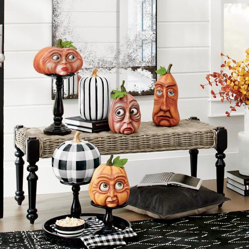 Halloween Pumpkin Decorations with Expressive Resin Faces for Haunted House Party and Porch Decor