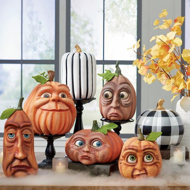 Halloween Pumpkin Decorations with Expressive Resin Faces for Haunted House Party and Porch Decor