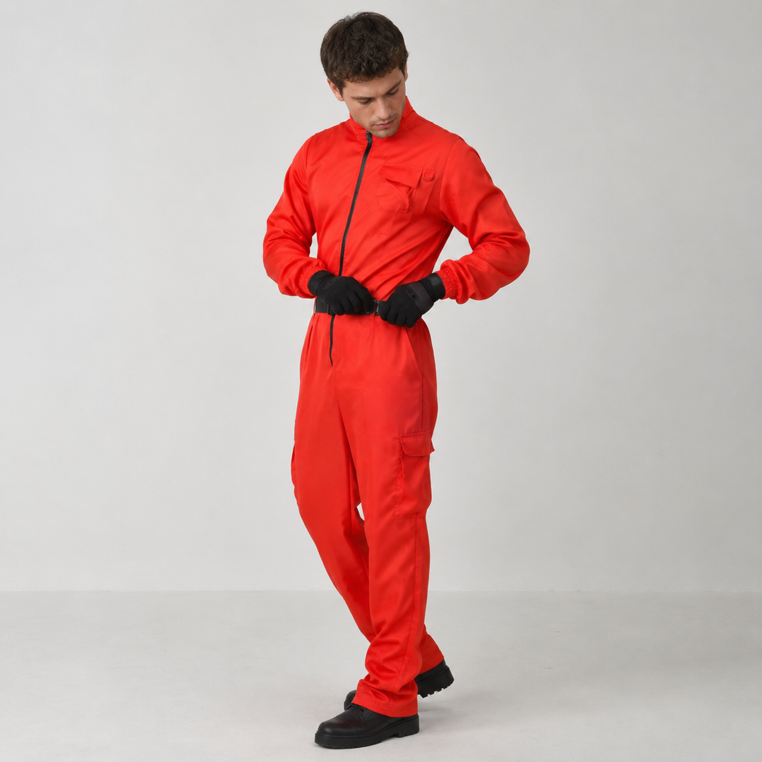 Halloween Red Hooded Jumpsuit Costume with Belt and Gloves for Cosplay Party