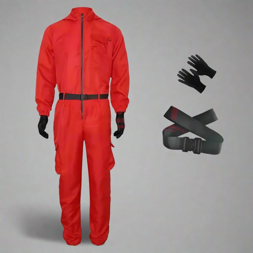 Halloween Red Hooded Jumpsuit Costume with Belt and Gloves for Cosplay Party