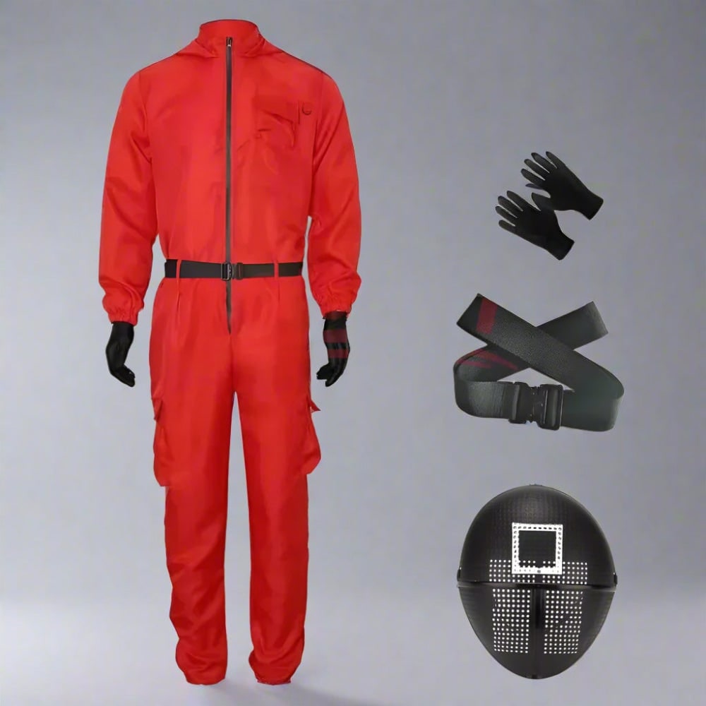 Halloween Red Hooded Jumpsuit Costume with Belt and Gloves for Cosplay Party