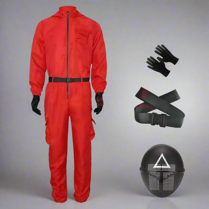 Halloween Red Hooded Jumpsuit Costume with Belt and Gloves for Cosplay Party