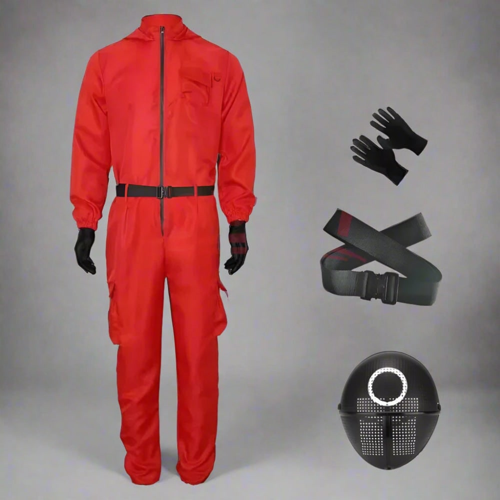 Halloween Red Hooded Jumpsuit Costume with Belt and Gloves for Cosplay Party