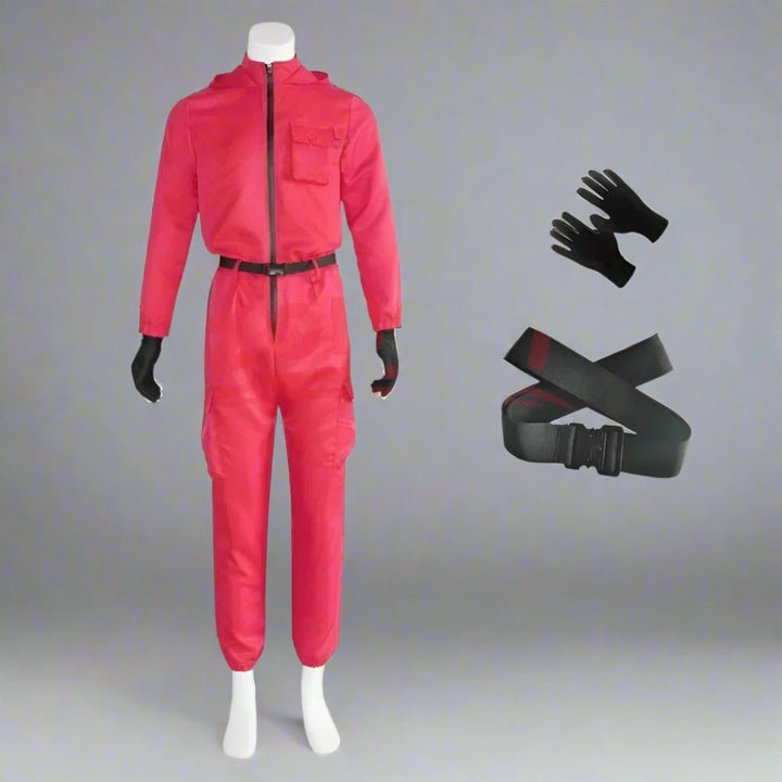 Halloween Red Hooded Jumpsuit Costume with Belt and Gloves for Cosplay Party