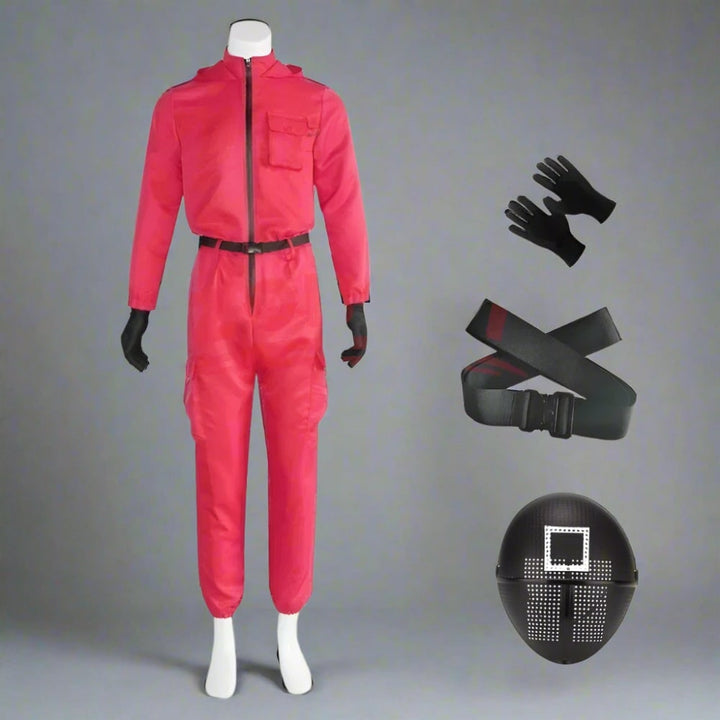 Halloween Red Hooded Jumpsuit Costume with Belt and Gloves for Cosplay Party