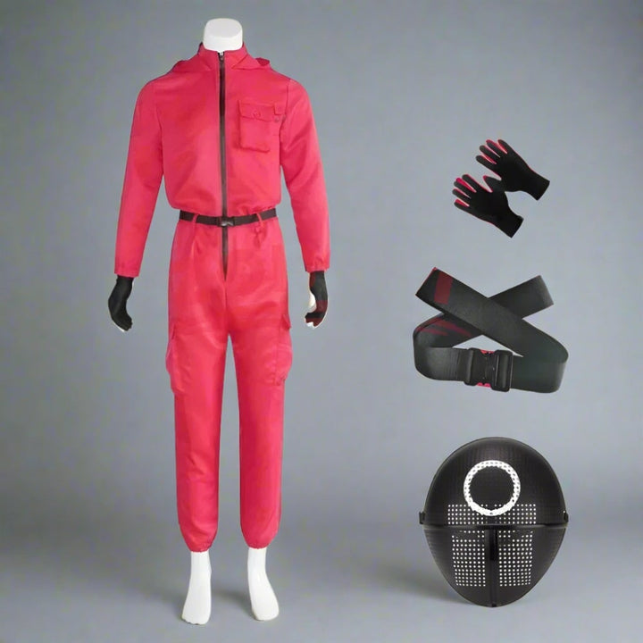 Halloween Red Hooded Jumpsuit Costume with Belt and Gloves for Cosplay Party