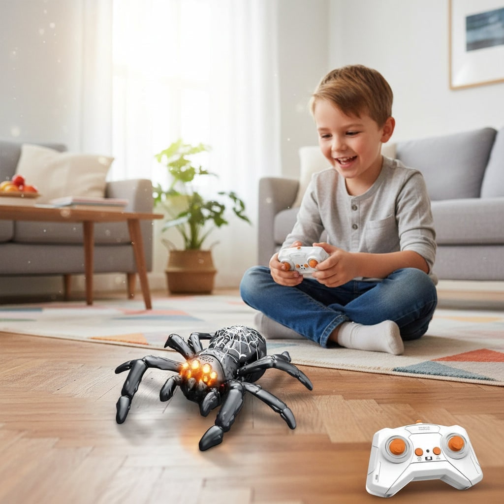 Halloween Remote Control Spider Toy with LED Eyes and Wall-Climbing Suction