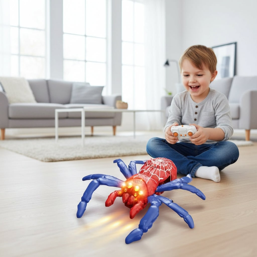 Halloween Remote Control Spider Toy with LED Eyes and Wall-Climbing Suction