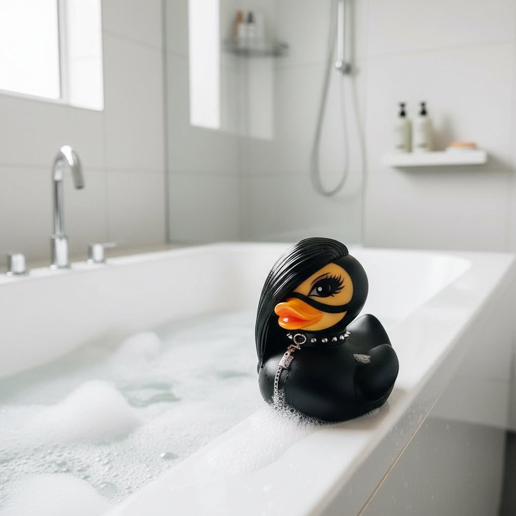 Halloween Rubber Duck Squishy Toy with Studded Goth Punk Design and Spooky Horns