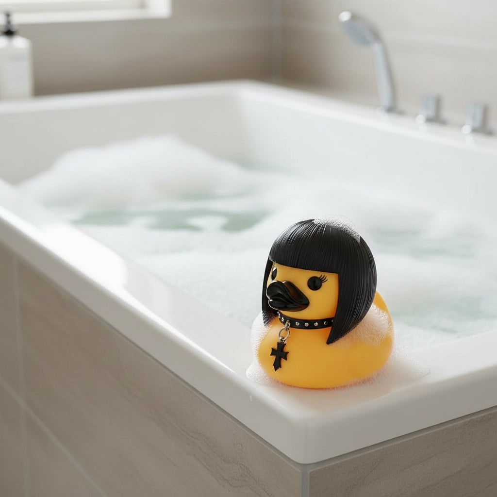 Halloween Rubber Duck Squishy Toy with Studded Goth Punk Design and Spooky Horns