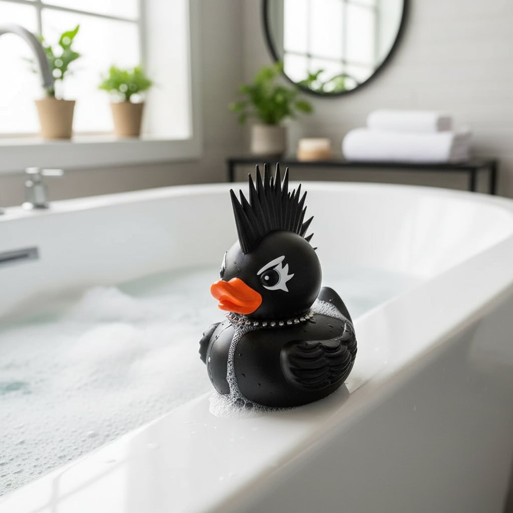 Halloween Rubber Duck Squishy Toy with Studded Goth Punk Design and Spooky Horns