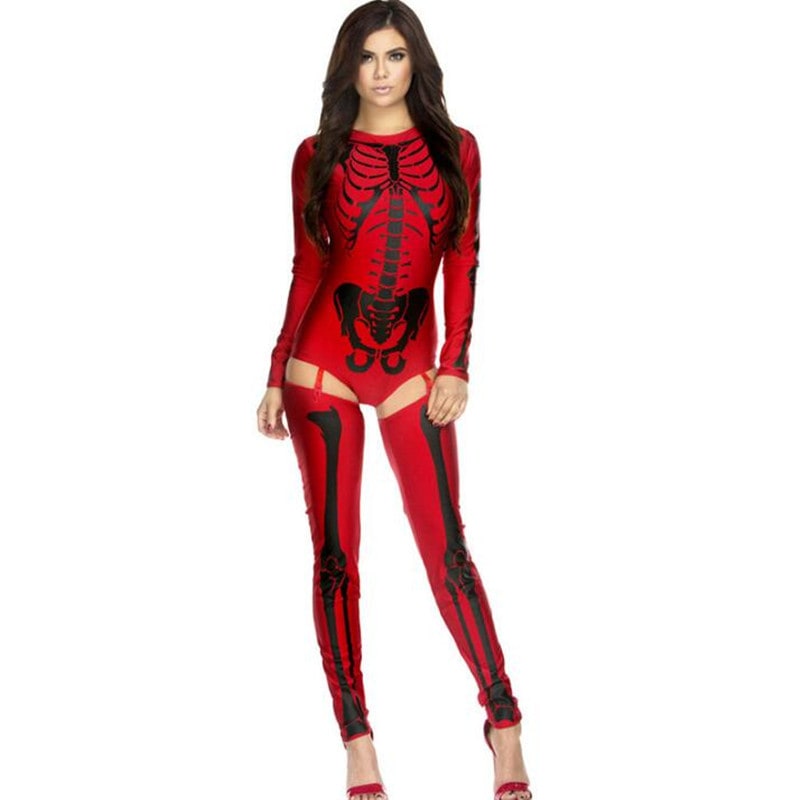 Halloween Skeleton Costume Long Sleeve Bodysuit Form Fitting Crew Neck with Garter Stockings