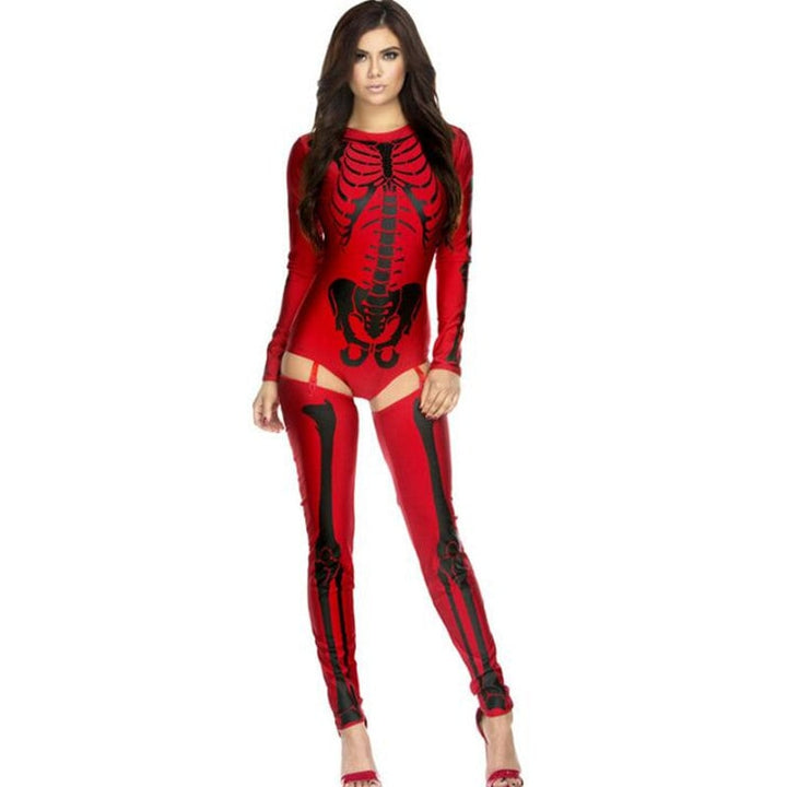 Halloween Skeleton Costume Long Sleeve Bodysuit Form Fitting Crew Neck with Garter Stockings