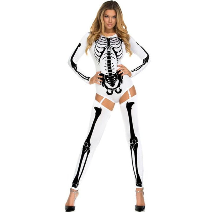 Halloween Skeleton Costume Long Sleeve Bodysuit Form Fitting Crew Neck with Garter Stockings