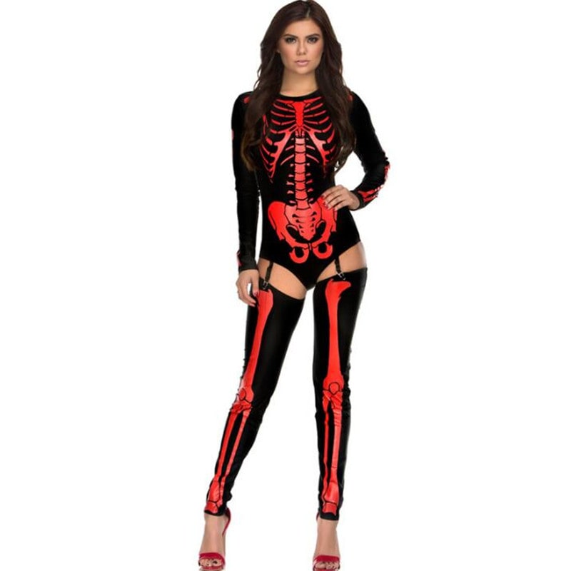 Halloween Skeleton Costume Long Sleeve Bodysuit Form Fitting Crew Neck with Garter Stockings