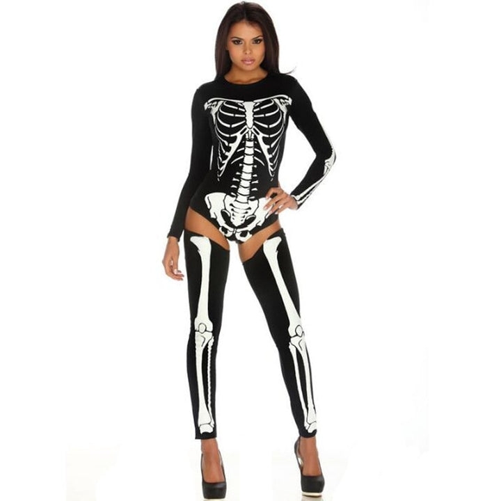 Halloween Skeleton Costume Long Sleeve Bodysuit Form Fitting Crew Neck with Garter Stockings