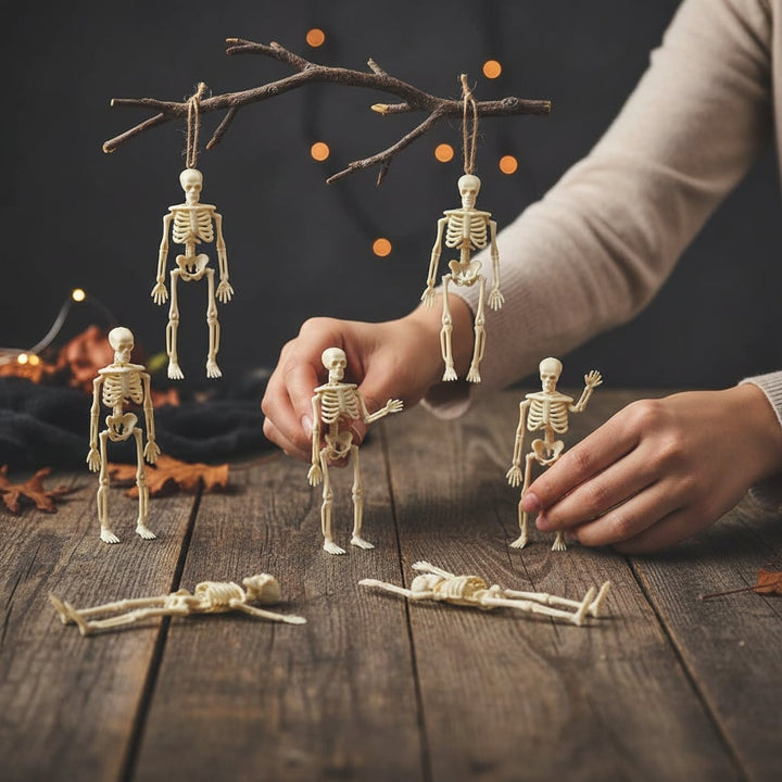 Halloween Skeleton Decorations Mini Plastic Small Figures with Hanging Twine for Party Supplies