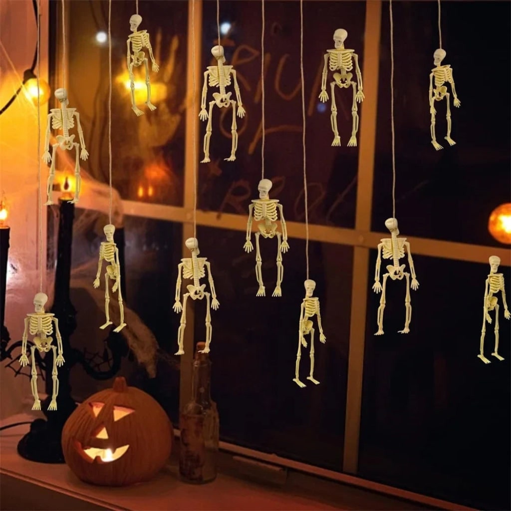 Halloween Skeleton Decorations Mini Plastic Small Figures with Hanging Twine for Party Supplies