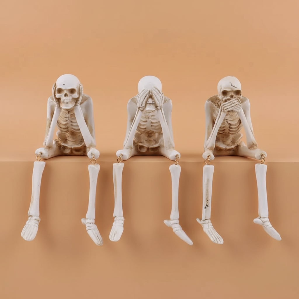 Halloween Skeleton Decorations Set of 3 Life Size Shelf Sitters with Dangling Legs Plastic