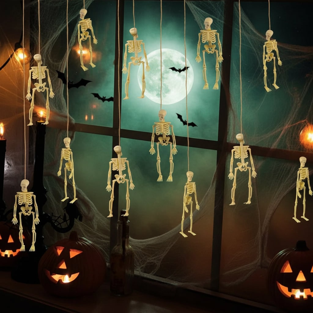 Halloween Skeletons Posable Mini Figurines Decoration Set with Hanging Twine Head