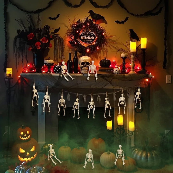 Halloween Skeletons Posable Mini Figurines Decoration Set with Hanging Twine Head