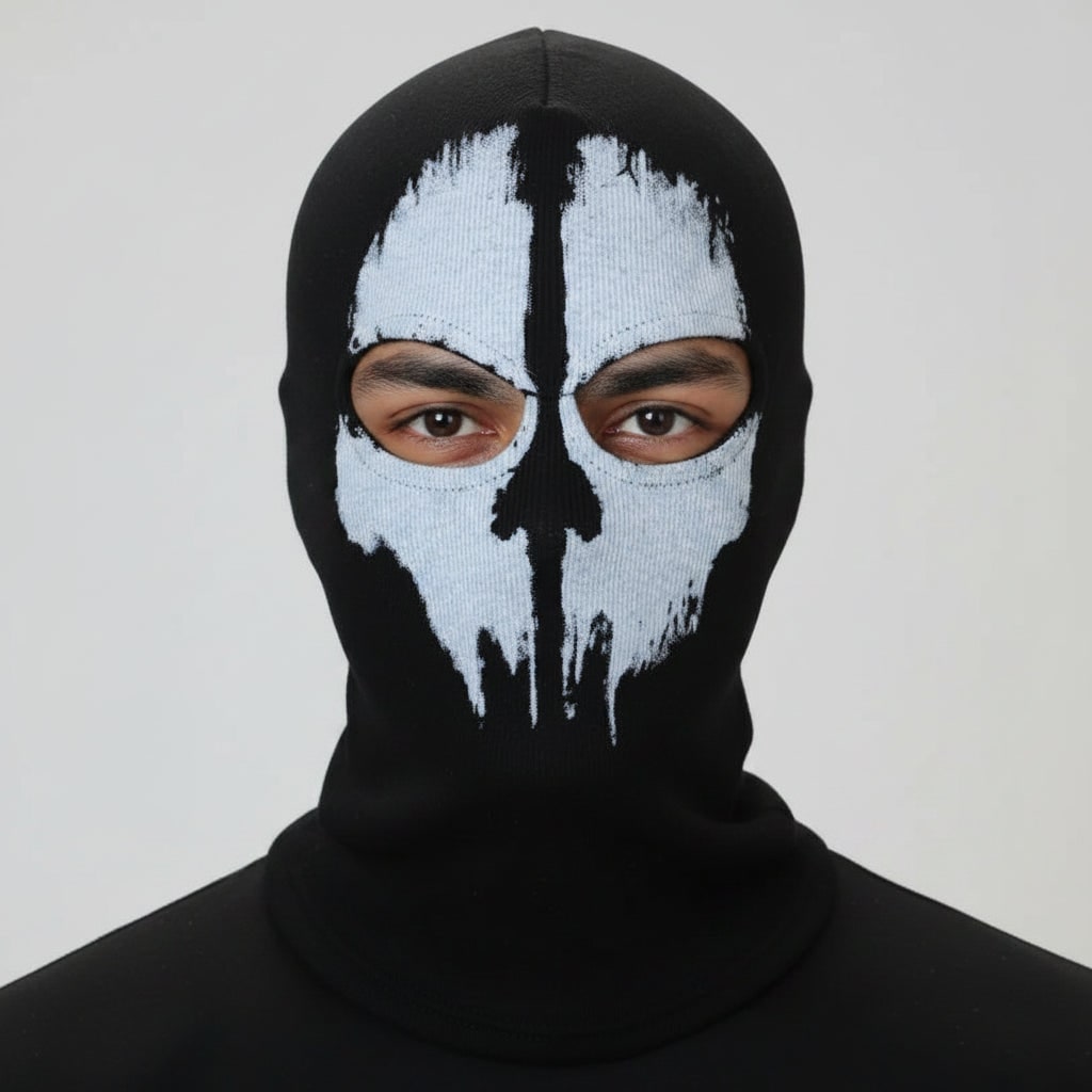 Halloween Skull Balaclava Mask Ski Full Face Knit Black with White Distressed Print